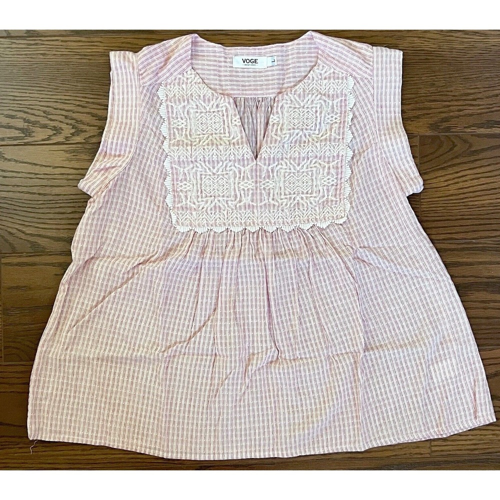 Women Baby‎ Doll Top Slight Crop Cap Sleeves Pink/White Small Crochet Accent L
